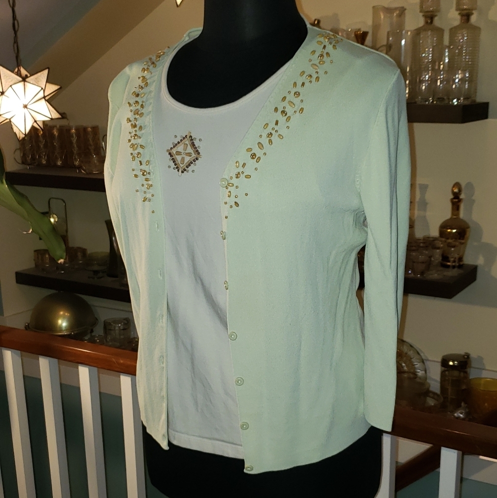 Ruby Rd. Flat Knit Spring Green Womens Cardigan with Wood Beads